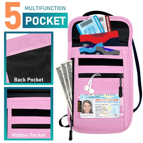 Image of Travel Neck Wallet & RFID Blocking Sleeves for Men and Women, Neck Money Pouch Anti Theft Travel Document Organizer with Adjustable Strap - Pink