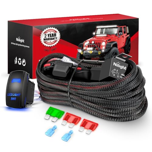 Nilight Kit de arnés de cableado de nailon 12 AWG, 1 plomo, 12 V, 5 pines, interruptor basculante láser de encendido y apagado, fusible de cuchilla para barra de luz LED, luces todoterreno en coches