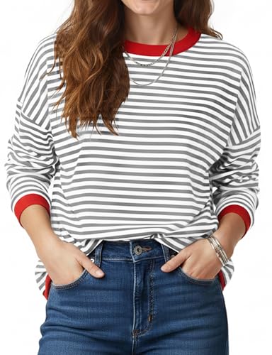 Image of Womens 2025 Long Sleeve Sweaters Casual Crewneck Striped Color Block Drop Shoulder Tops Lightweight Cute Fashion Knitted Pullover Outfits Ladies Fall Jumpers Clothes Y2K Trendy Grey and White