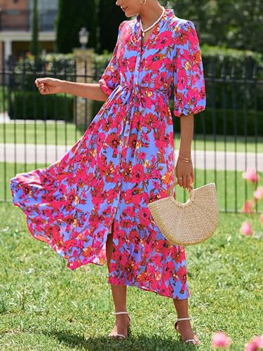 MASCOMODA Womens Floral Maxi Dresses Boho Summer Casual V Neck 3/4 Puff Sleeve Button Down Tie Waist Long Flowy Shirt Dress4