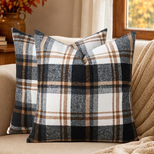 KUYZT Cotton Linen Plaid Pillow Covers Black