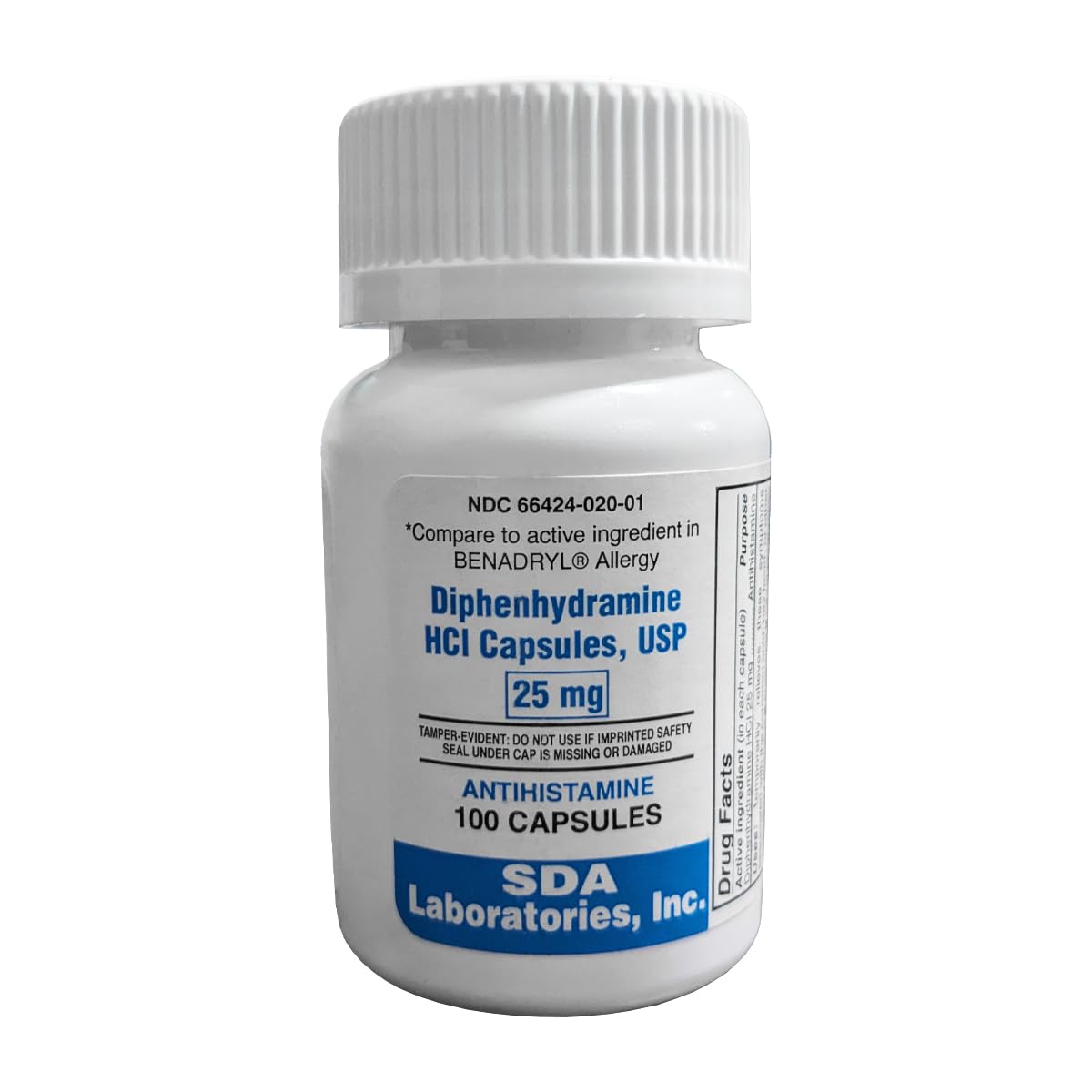 SDA LABORATORIES Diphenhydramine HCI Antihistamine 25 mg Capsules for Multi-Symptom Allergy Relief, Sleep Support and Cold Symptoms, 100 Count (1 Bottle)