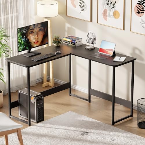 Image of Lukzer Engineered Wood L-Shaped Corner Study and Computer Laptop Table for Home or Office |MST-007 /Black & Black | Multi-Functional Sturdy Gaming Station and WFH Desk with Metal Frame