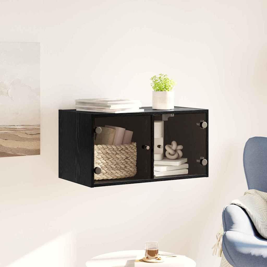 Armario de pared con aspecto de roble negro, 68 x 37 x 35 cm, armario colgante moderno con puertas de cristal y 2 compartimentos de material de madera – Escaparate de pared para salón y