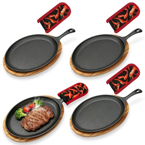 4 PCS fajita skilletcast iron platesizzle plattersizzling plate with wooden base Ideal for family barbecues kitchen parties and restaurant catering come with heat-resistant gloves to avoid burns.