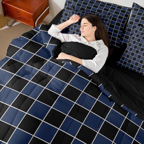 Image of Erosebridal Navy Blue Checkered Boys Full Bedding Black Blue Plaid Comforter Set with Sheets 7 Piece-for Kids Teen Men Bedroom Geometric Gingham Grids Bed in A Bag-Soft Lightweight for All Season
