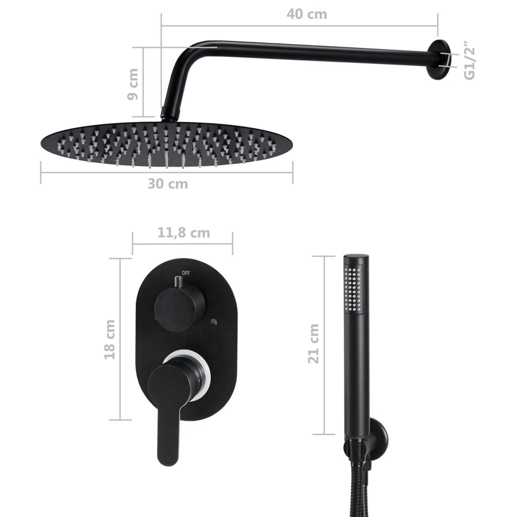 System prysznicowy ze stali nierdzewnej 201 czarny z głowicą prysznicową 30 x 30 cm, słuchawka prysznicowa, wąż 150 cm, przyłącze G 1/2, 140 silikonowych dysz, wanna i kabina prysznicowa