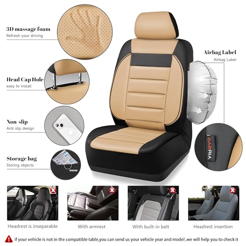 Image of CAR PASS Faux Leather Car Seat Covers Front Seats Only, 3D Foam Support Car Seat Covers, Universal fit for Trucks Vans SUVs Sedans Automotive Comfortable, Airbag Compatible 2 Pieces Front Black Beige