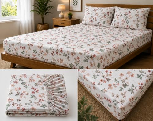 Image of Fitted Bedsheet White Soft Floral Print Glace Cotton 210 TC | Single Size for Single Bed Fits 3 x 6.25 ft Mattress (36 x 75 Inch) | All Around Elastic | 2 Pillow Cover | 7 Inch Deep Pocket