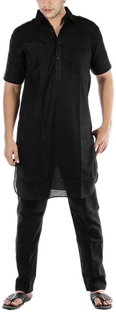 Men's Cotton Pathani Suit Black Half Sleeve