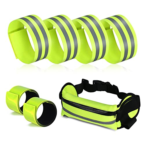 PeoMev 6pcs Reflective Running Gear with Running Belt Bag, High Visibility Reflective Bands for Arm, Wrist, Ankle, Leg, Safety Running Reflective Gear for Running Cycling