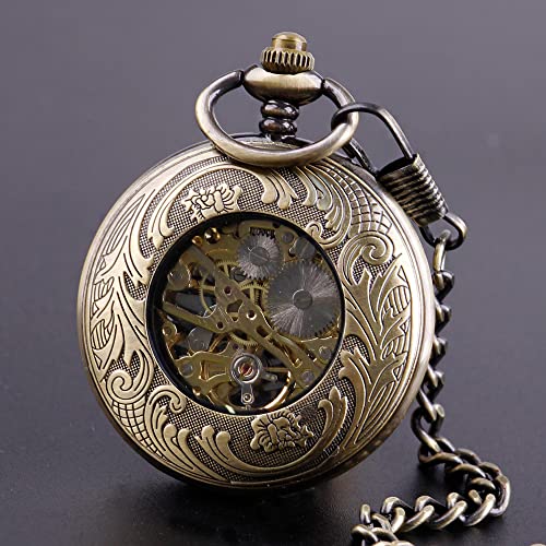 Image of Hand Winding Hollow Roman Numerals Mechanical Pocket Watch Steampunk Mens Watches