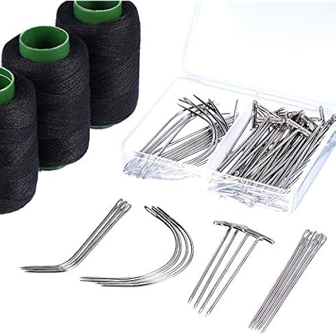 83 Pieces C J I Shaped Wig Needle T Pins Black Thread for Wig Making Hair Extension Handcraft Hand Sewing Cover
