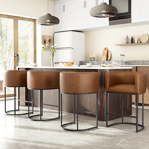 26″ H Counter Height Bar Stools Set of 4, Modern Barrel Counter Stools with Backrest and Arms, Faux Leather Upholstered Accent Barstools for Kitchen Island,Support 450 LBS（Walnut Brown）