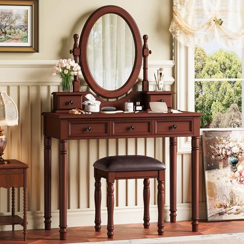 Image of JIVOIT Vintage Vanity Makeup Table and Cushioned Stool Set, Vanity Desk with Adjustable Angle Mirror, Velvet Fabric Lining 5 Drawers, Wooden Dressing Table Set for Bedroom (Walnut / /81)