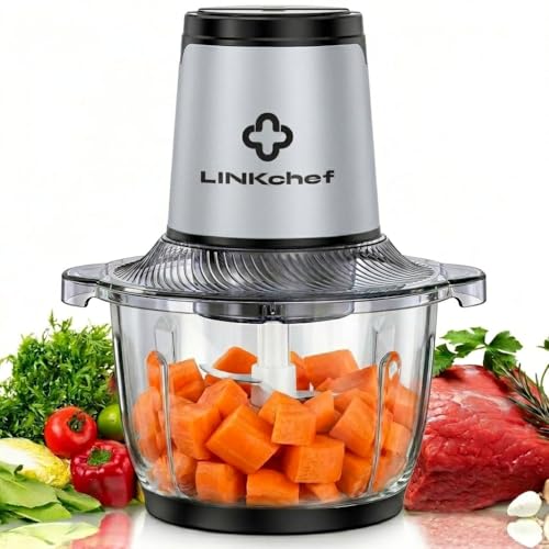 LINKChef Hachoir électrique, Bol en Verre de 1,5 L, Lames en Acier Inoxydable à 3 Niveaux, 2 Vitesses, Mixeur Hachoir pour Viande, Fruits, Légumes et...