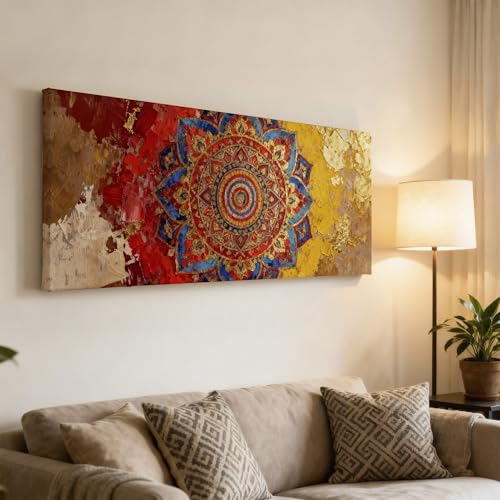 Image of SoulAbiti Rajasthani Mandala Fresco Unframed 36x14 inches Rolled Canvas Wall Contemporary Art UV Print Painting for Living Room, Bedroom & Office Decor Premium Gloss Vivid Fade-Resistant Print
