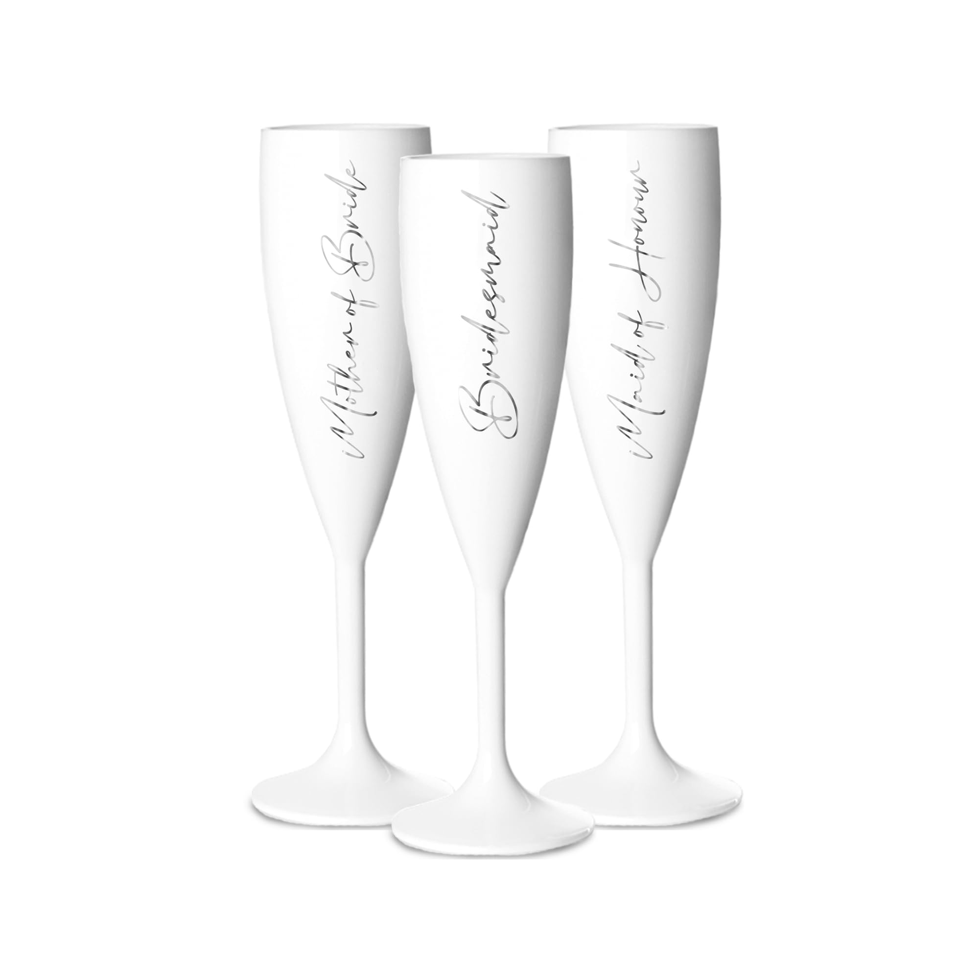 Print Maniacs Champagne Premium White Flute Glass Bride Groom Mr Mrs Wedding Maid Honour Wine Cocktail Prosecco Celebrations Gift (Silver, Set of 3 Brides Side)