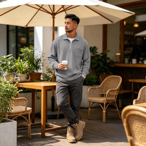 Mens Quarter Zip Corduroy Long Sleeve Polo Shirt Pullover Fall - image 5
