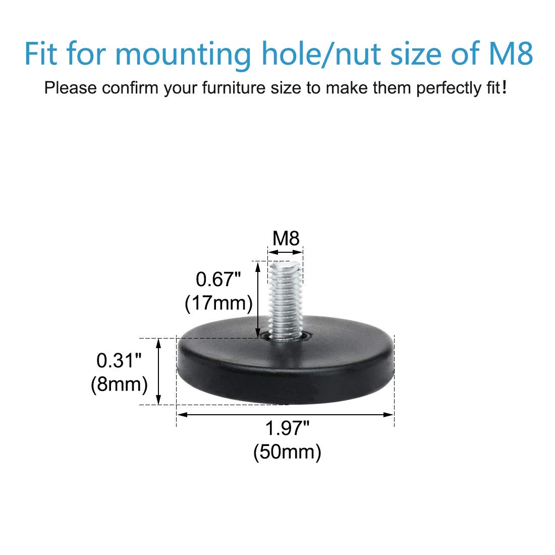 Sourcingmap M8 x 17 x 50mm Leveling Feet Adjustable Leveler Floor Protector Cover Pad for House Furniture Desk Table Chair Leg 20 Pack - Image 2