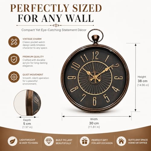 Image of ARMONIA Vintage Industrial Wall Clock 14.9 inches | Premium Acrylic Analog Clock | Dual Tone Antique Finish | Silent Quartz | Modern Home & Office Decor