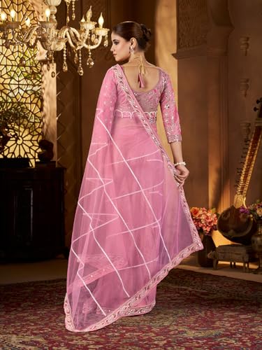 Image of Pandadi Saree Women's Net Embroidery Work Saree With Unstitched Blouse Piece