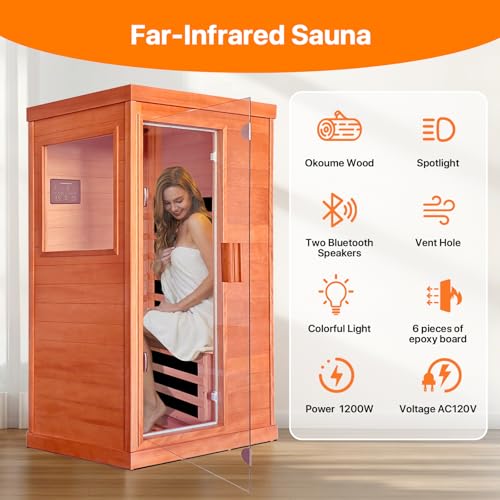 Image of OUTEXER Far Infrared Sauna Home Sauna Spa Room Low-EMF Wood 1200W Indoor Saunas with 7 Color Light Tempered Glass Door, Room:35.2 * 27.6 * 61.6Inch