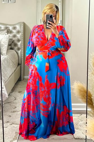 Image of Plus Size Women's 2 Piece Outfits Casual Long Sleeve Wrap Crop Top Maxi Long Dress Flowy Matching Sets