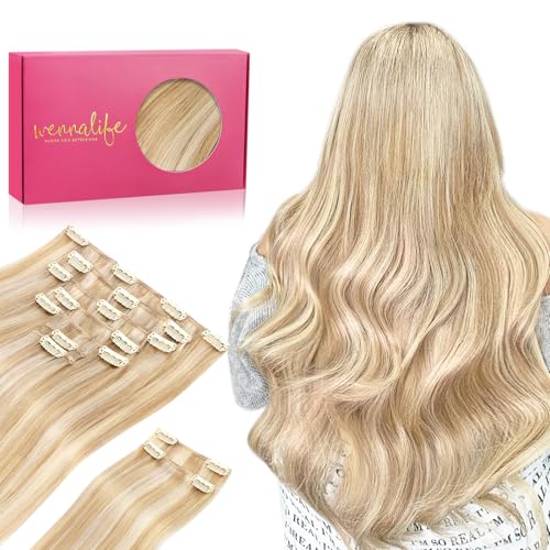 WENNALIFE Hair Extensions Clip In, 9pcs 22inch 150g Dirty Blonde Highlighted Bleach Blonde Thicker Clip In Hair Extensions Real Human Hair Remy hair extension Double Weft