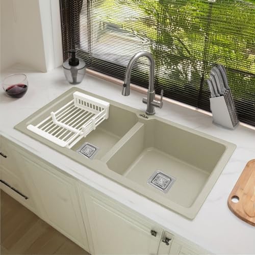 Image of ARQUIN Double Bowl Quartz Kitchen Sink 45x20x9 Inch Sand Choco | Undermount,Topmount | Including Coupling,Sink Connector,Waste Pipe & Fruit Washing Basket