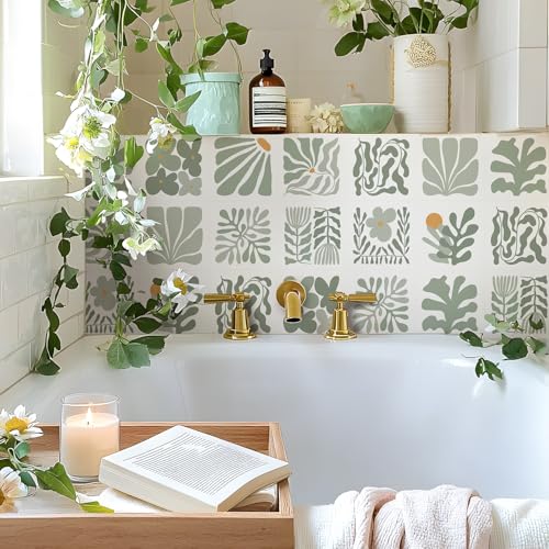 Alwayspon Piastrelle autoadesive da parete in vinile, 10 pezzi, 20 cm, staccabili e incollate, per pavimenti in vinile, impermeabili, paraspruzzi per cucina, bagno, verde salvia floreale