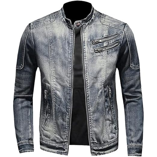 Men's Vintage Stand Collar Denim Jacket Casual Lightweight Distressed Motorcycle Coat Slim Zipper Warm Jean Jacket