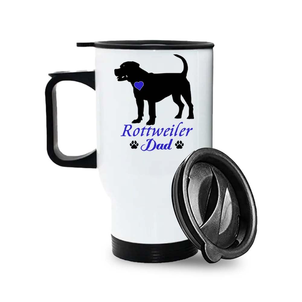 Crunchy Carrots Dog Lover Gift – Rottweiler Dad, 14 oz Stainless Steel Insulated Travel Mug. (White Travel Mug)