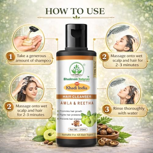 Image of Bhudevam Natural Khadi Amla & Reetha Organic Herbal Shampoo For Healthy And Shiny Hair | Ayurvedic Shampoo for Healthy Hair | Suitable for All Hair Types- Pack of 2