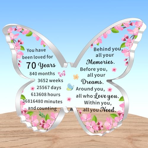 AMZQ Regalos inspiradores de 70 cumpleaños para mujer, diseño de mariposa transparente, acrílico, ideas de regalo de cumpleaños para mujeres de 70 años