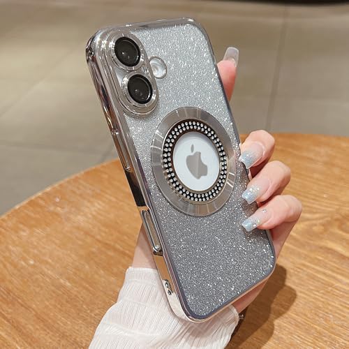 Image of Misscase for iPhone 16 Magnetic Glitter Case Compatible with MagSafe,Full Protection Slim Shockproof Anti-Scratch Case with Camera Lens Protector Logo View Dust-Proof Net for Women Silver