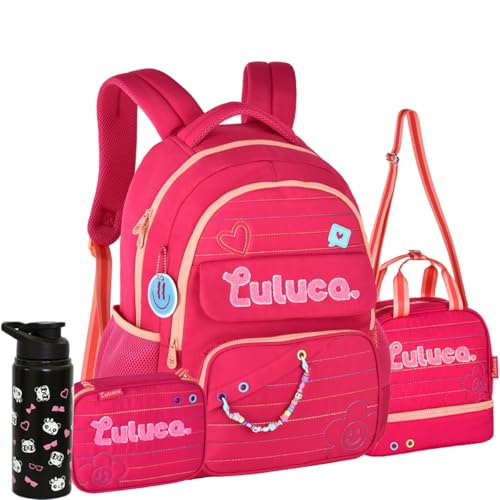 Kit Mochila Luluca Costas Escolar Infantil com Garrafa, Lancheira E Estojo Menina Linda (Rosa)
