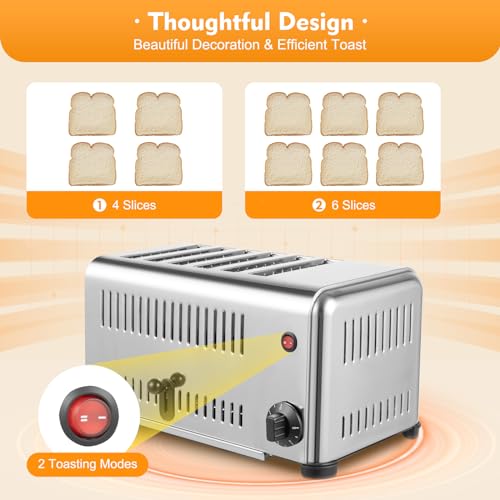 6-Slice-Toaster-110V-1680W-Stainless-Steel-Commercial-Toaster-6-Bread-Shade-Settings-1-5-Minutes-Timier-Rapid-Toaster-w11in-Widen-Slot-Removable-Crumb-Tray-for-Various-Bread-Types