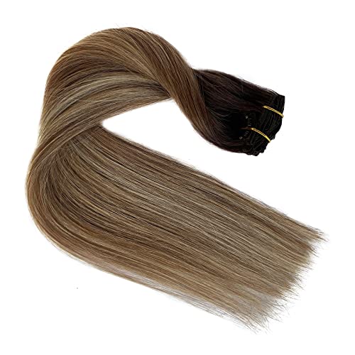 Image of Clip in Hair Extensions Human Hair 70g 7pcs Balayage Walnut Brown to Ash Brown and Medium Blonde Remy Human Hair Extensions 12 Inch Straight Seamless Clip ins Hair Extensions Real Human Hair