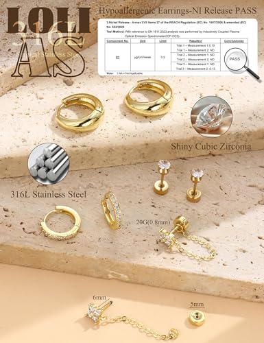 LOLIAS Flat Back Earrings for Women Hypoallergenic Surgical Steel Earrings for Sensitive Ears-20G Cartilage Earring Stacks 14K Gold Plated Hoops Flatback Stud Earring Sets for Multiple Piercing3