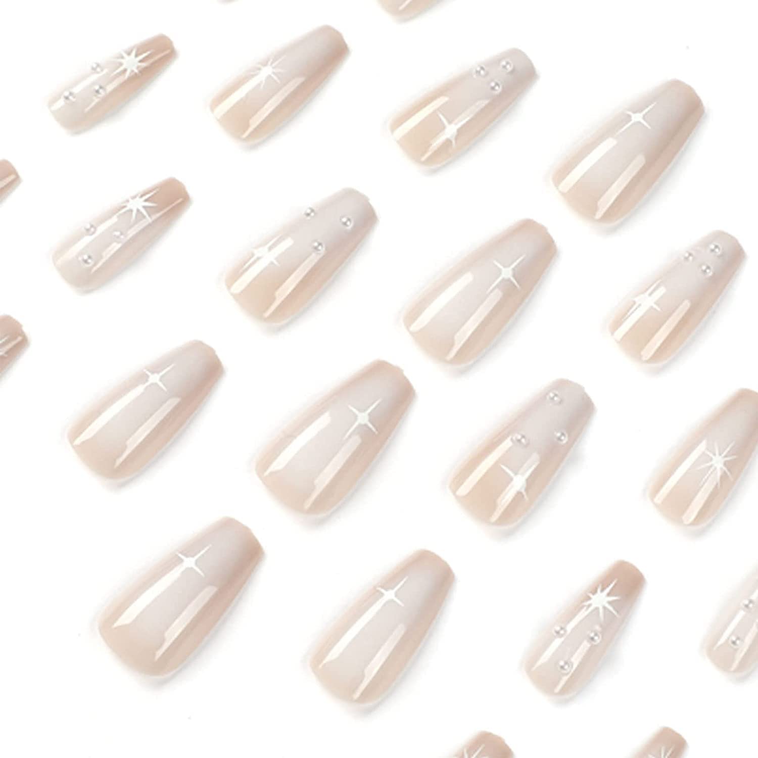 24Pcs French False Nails Coffin Medium Length Fake Nails Star Artificial Full Cover Press on Nails White Pearls Ballerina Acrylic Stick on Nails for Women Girls Nail Art DIY - Image 2