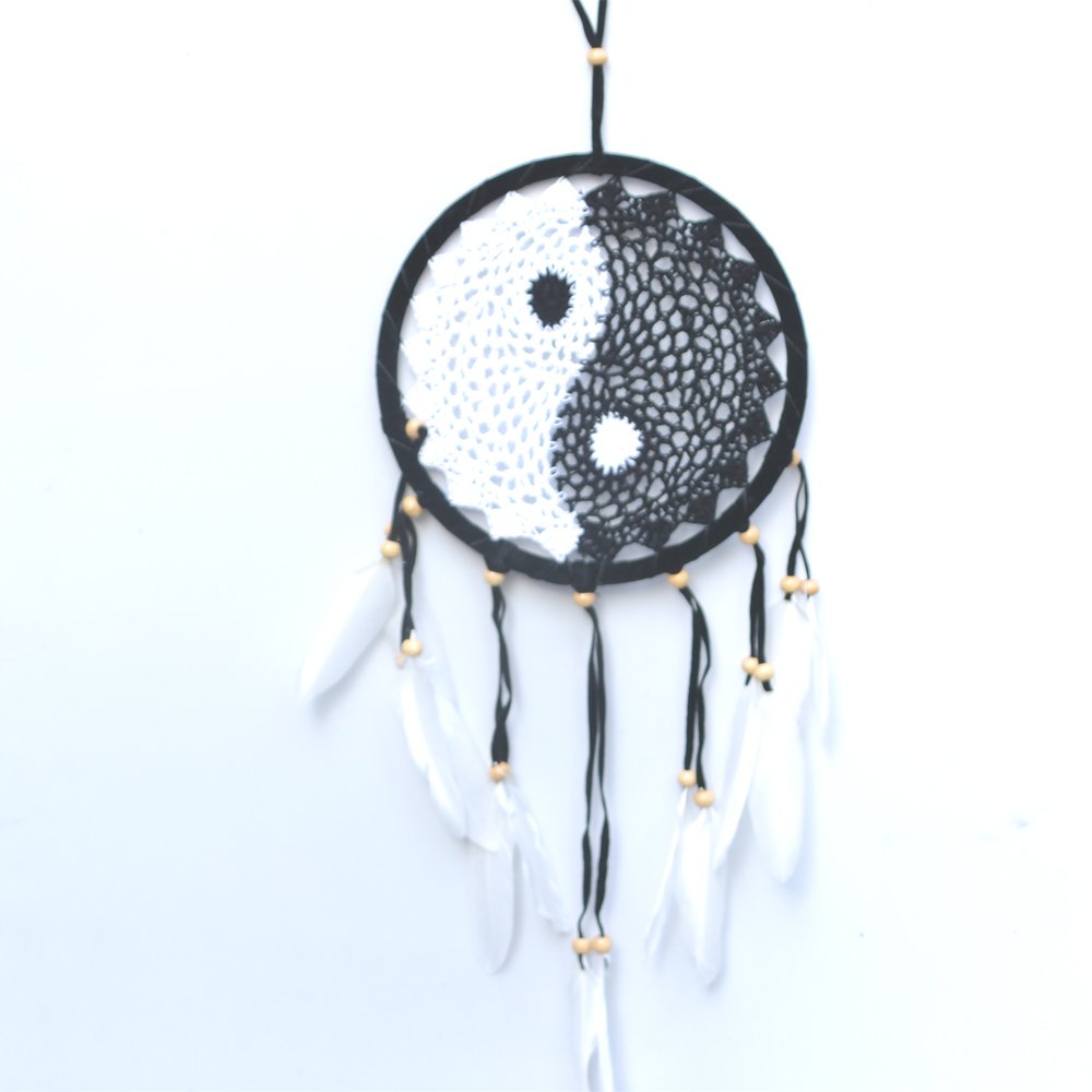 Acchiappasogni Yin Yang Con Otto Diagrammi – Decorazione Da Parete In Metallo E Piume, Nero E Bianco