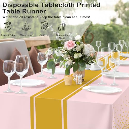 Image of 12 Pack Pink and Gold Tablecloth Party Decorations Plastic Pink Tablecloth Printed Gold Table Runner 54 x108 Inch Disposable Rectangle Table Cover for Birthday Wedding Graduation Anniversary