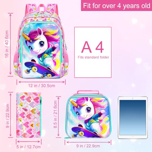 Image of HPJGD 3PCS Unicorn Preschool Backpack Set, Girls Skateboard Bookbag Set for Girls with Lunch Box, Cute Water Resistant Elementary School Bag for Toddler - Pink Unicorn on Skateboard