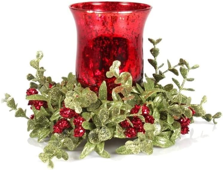Kissing Krystals Small Red Mecury Glass Hurrican Candle Holder and Mistletoe Set