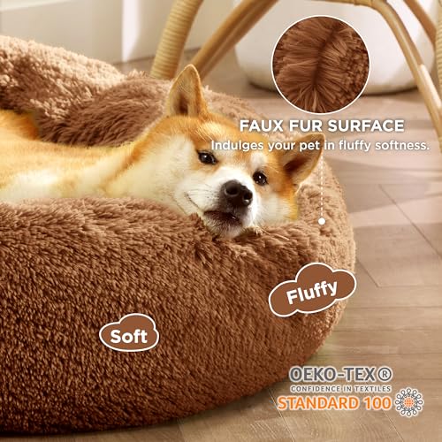 Image of Bedsure Calming Dog Bed for Medium Dogs - Donut Washable Medium Pet Bed, 30 inches Anti-Slip Round Fluffy Plush Faux Fur Cat Bed, Fits up to 45 lbs Pets, Copper | Fluffy Faux Fur Round Cuddler,Machine Washable,Anti-Slip Bottom,Anti-Anxiety,Deep Sleeping for Pets Up to 45 Lbs