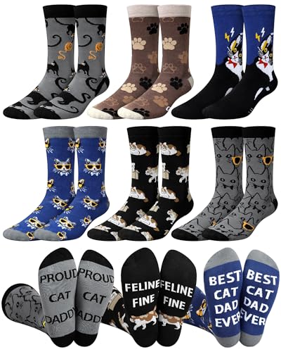 Jamntower 6 Pairs Novelty Animal Socks for Men Funny Gifts for Father Day Wolf Cat Donkey Tiger Goat Squirrel Lover(Cat)