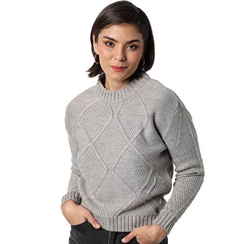 Image of Campus Sutra Women Grey Cable Knit Regular Fit Sweater for Winter Wear | Round Neck | Full Sleeve | Woolen Sweater | Casual Jacket for Woman & Girl | Western Stylish Jacket for Women