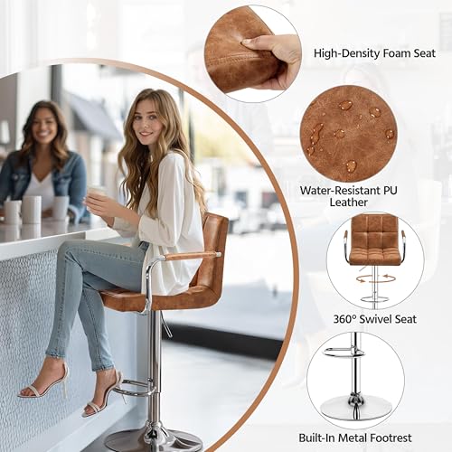 Image of Yaheetech Bar Stools Set of 4 with Backs, Height Adjustable, Retro Brown