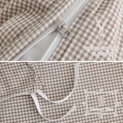 Image of TOCOMOA Mini Gingham Tan Duvet Cover Bedding Set 100% Washed Cotton Like Linen Feel Super Soft Comfy 3 Piece Brown Small Plaid Checkered Comforter Cover Set (King 104 inchx90 inch, Comforter Not Included)